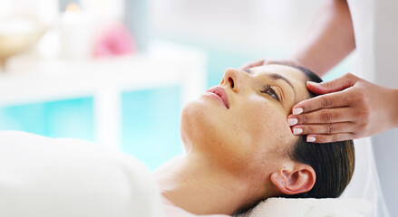 Woman, hands and relax with masseuse for spa facial, treatment or massage at luxury resort. Calm,...