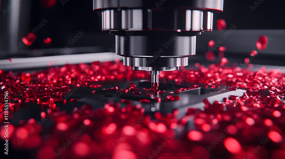 Poster a close-up view of a precision machining tool surrounded by vibrant red gems, showcasing advanced te