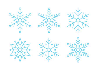 Set of snowflake simple line icons for winter season. Design elements symbolizing snow, snowflakes, ice, crystals, winter, frost, cold weather and Christmas.