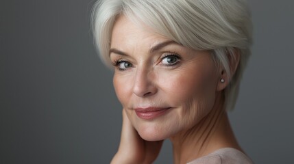Mature woman looks directly at camera. Studio portrait shows healthy skin, makeup. Cosmetics, beauty concept. Cosmetology portrait highlights middle-age skincare. Elegant older lady. Beautiful mature