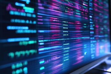 Blurred digital code on screen with neon glow