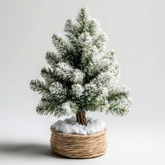 A small, realistic-looking artificial Christmas tree with snow-covered branches in a woven basket is placed