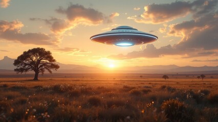 A serene countryside scene, featuring a fantastical UFO ranch. Generative AI art.