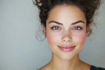 A portrait of a smiling woman with freckles and glowing skin, highlighting natural beauty and confidence. The focus is on her captivating eyes and genuine smile.