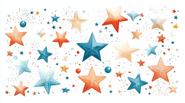 Flat vector of multiple retro stars with faded tones and geometric patterns, perfect for throwback themes, on white.