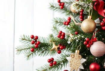 Festive Christmas Decor Holly Berries Ornaments Pine Branches