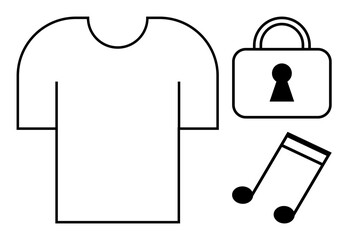 Simple black and white t-shirt, padlock, and music note. Ideal for fashion, security, music, graphic design, branding marketing and education. Line metaphor