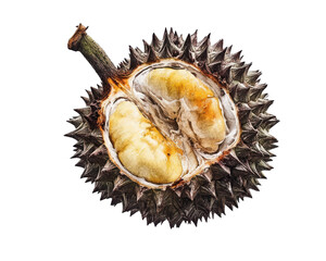Obraz premium Durian fruit, with a spiky exterior and creamy yellow flesh, isolated on white background.