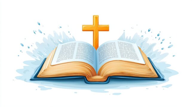 Flat-style cartoon Bible with a golden cross on the cover, isolated on a clean white background.