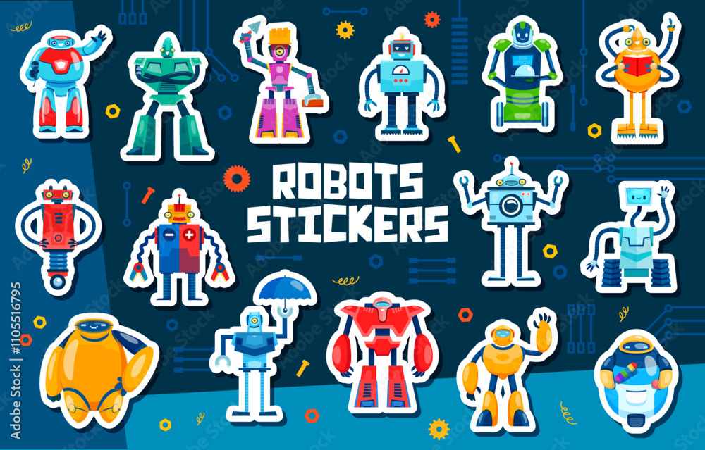 Leinwandbilder robot characters stickers of cartoon funny cyborgs and robotic android bots, vector pack set. retro 