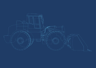 Vector illustration of bulldozer outline made of blue lines isolated on dark background. Side view. 3D