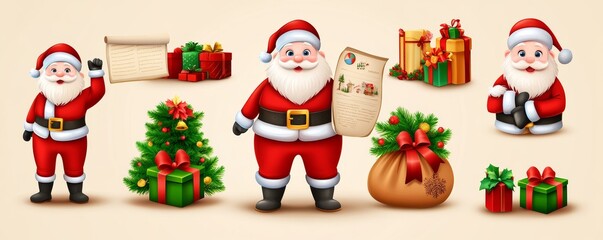 A contemporary set featuring Santa Claus, a cheerful Christmas character. This 3D illustration shows Santa in a standing pose, with a happy expression, holding gifts and a letter, perfect for a