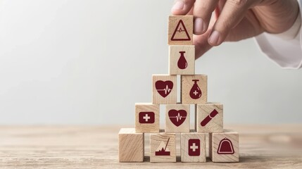 Doctor hand arranging wood block stacking with healthcare and medical icon insurance for your health. 