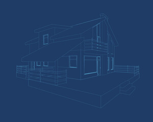 Country cottage style 3d. Vector illustration of house made of blue lines isolated on dark background.