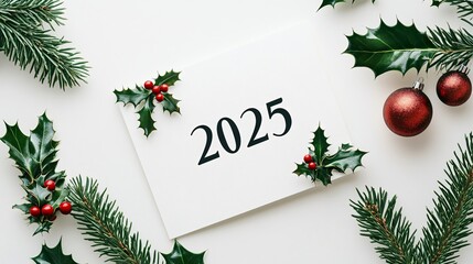 A modern card design with ‘2025’ in bold black typography, accented by minimalist holly leaves on a white background
