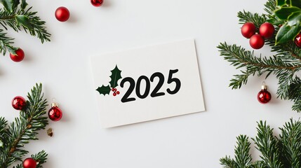 A modern card design with ‘2025’ in bold black typography, accented by minimalist holly leaves on a white background