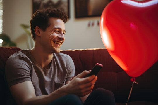 A man seated on a couch, using his cellphone for a video call with his partner, with a heart-shaped Valentine's Day balloon in the background, signifying their celebration of love.