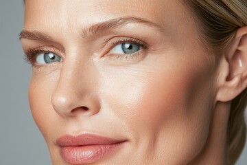 Obraz premium A close-up portrait of a mature woman with graceful features, embracing her natural beauty and confident demeanor, highlighting elegance and sophistication.