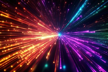 Abstract vibrant fiber optic lines create dynamic speed effect. Colorful rays explode outwards from center point. Fast moving particles visible. Futuristic design. Abstract tech background. Perfect