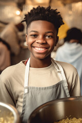 A teenage african american boy engaging in volunteer work, community service. Charity organization, a soup kitchen. Generative AI.