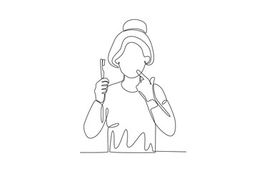 Single continuous line drawing of Woman maintaining healthy teeth with toothbrush, dental concept.  Dynamic single line draw design graphic vector illustration.
