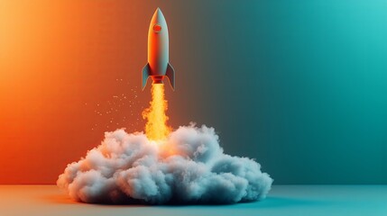 A vibrant rocket launching with bright flames and smoke, symbolizing innovation and progress