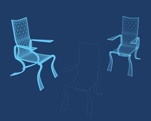 Vector illustration of wireframe and outline of three armchairs made of blue lines isolated on dark background. 3D.