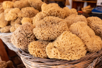 Natural sponges in local market. Symi island. Greece