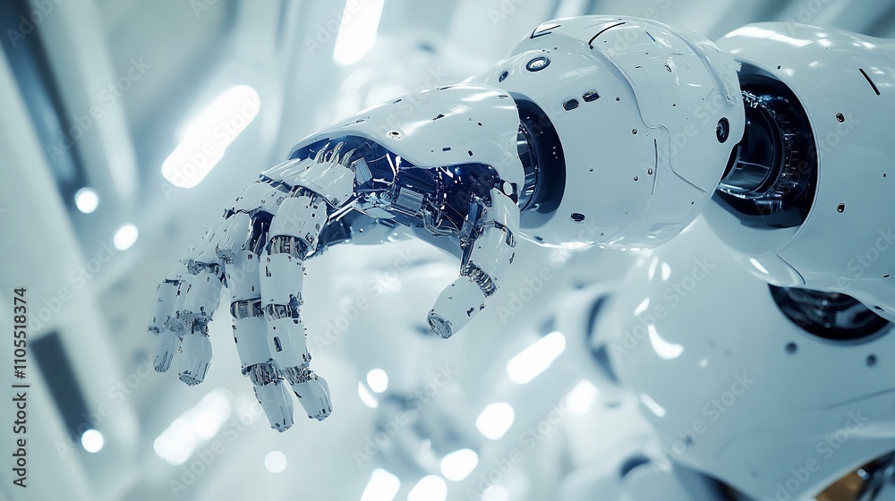 Poster close-up of a white robotic hand in a futuristic setting.