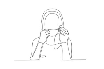 Single continuous line drawing of Woman cleaning her teeth using floss, dental concept.  Dynamic single line draw design graphic vector illustration.
