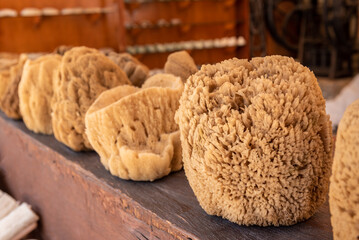 Natural sponges in local market. Symi island. Greece