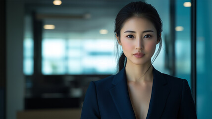 モダンなオフィスで自信を持つ日本人女性ビジネスパーソン