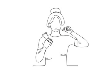 Single continuous line drawing of Woman maintaining healthy teeth with toothbrush, dental concept.  Dynamic single line draw design graphic vector illustration.
