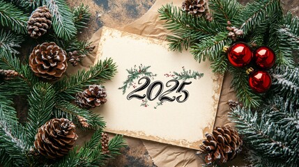 A vintage-style card with ‘2025’ in classic calligraphy, surrounded by hand-drawn pinecones and wreaths, isolated on parchment paper