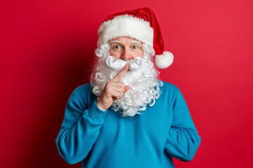 A photo of a retired man dressed as Santa Claus wearing white gloves, with his hands touching his mouth as if he's stopping to talk. The image is isolated on a red background, focusing on the