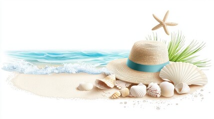 Vector clipart of a sandy beach with seashells and a sunhat, isolated on a white background.