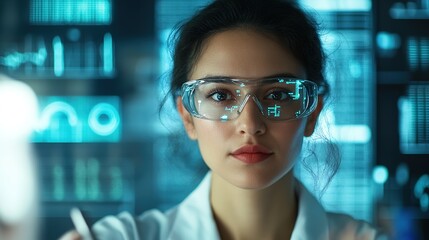 Woman in futuristic glasses with glowing data overlay.
