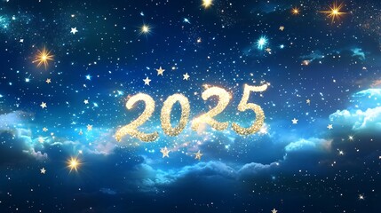 Fototapeta premium A whimsical design with ‘2025’ written in sparkling fairy dust, surrounded by twinkling stars on a night sky background