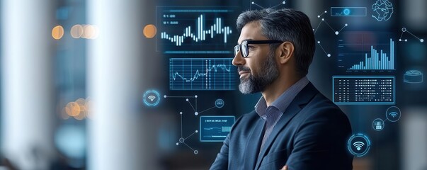 banking analytic integrate concept. A businessman in a digital environment surrounded by analytic charts, AI icons, and network connections representing integrated banking systems