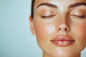 Fototapeta premium A close-up of a woman's radiant and dewy skin with natural freckles, highlighting the beauty of authenticity and embracing individuality in a minimalist style.