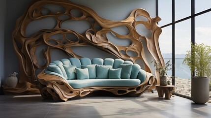 Modern eco-interior with rustic blue sofa and wood root sculpture. A perfect fusion of natural materials and contemporary design.