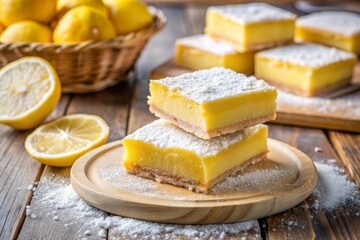 Aerial View of a Delicious Lemon Bar with a Bite Taken Out, Surrounded by a Stand of Freshly Baked Lemon Bars, Perfect for Dessert Lovers and Culinary Enthusiasts
