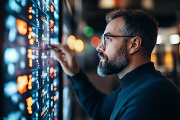 A focused bearded man with glasses engaged with a high-tech interactive display board, analyzing data or stock information in a dimly lit futuristic setting.