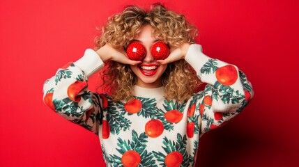Playful woman with curly hair and red ornaments covering eyes, wearing an orange-patterned sweater, against a red background.