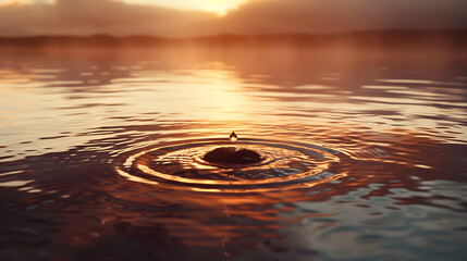 water droplet ripples, realistic image of a water droplet hitting a lake, creating symmetrical ripples cocoa and mocha hues add warmth, while dusk light relaxes the scene