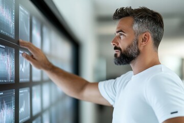 A bearded man engages with futuristic digital screens displaying financial graphs, suggesting modern technological advancements and expertise in data analytics.