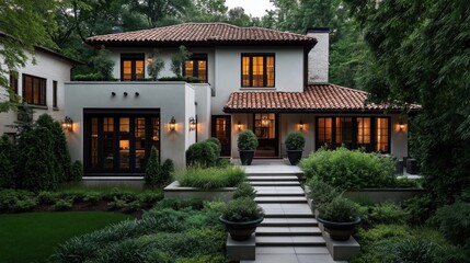 Fototapeta premium Elegant two-story house with terracotta roof, large windows, and manicured garden. Steps lead to entrance, flanked by planters and surrounded by lush greenery and trees.