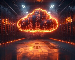 Glowing Binary Cloud Hovering Over Data Servers Conceptual Cloud Computing