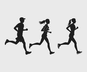 Run. Running men and women, vector set of isolated silhouettes