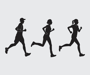 Run. Running men and women, vector set of isolated silhouettes